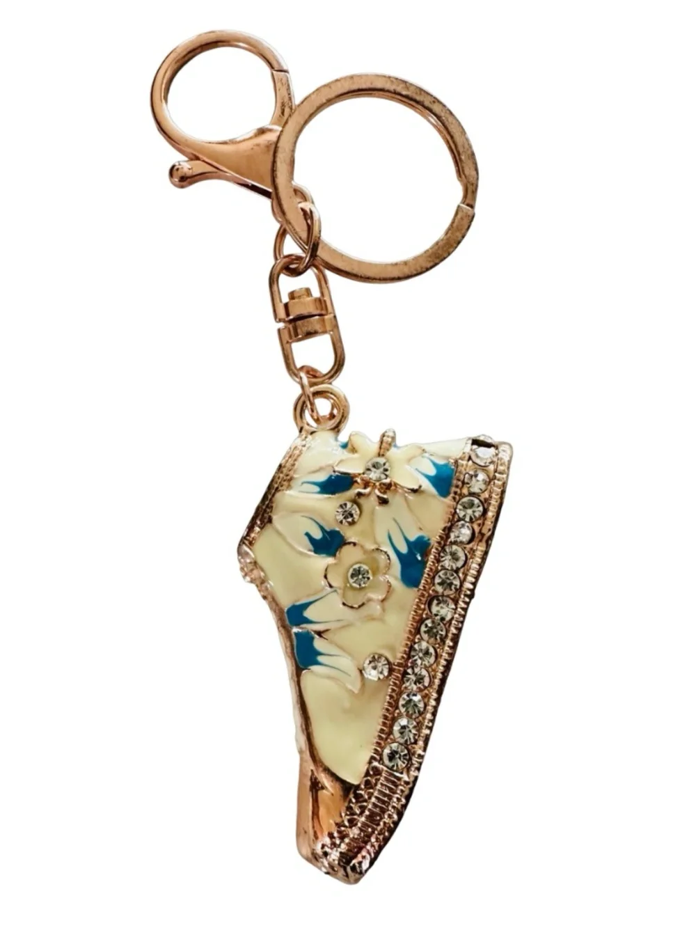 Gold-tone White Enameled Jeweled Shoe Keychain Ring Handbag Charm 5” Luxury